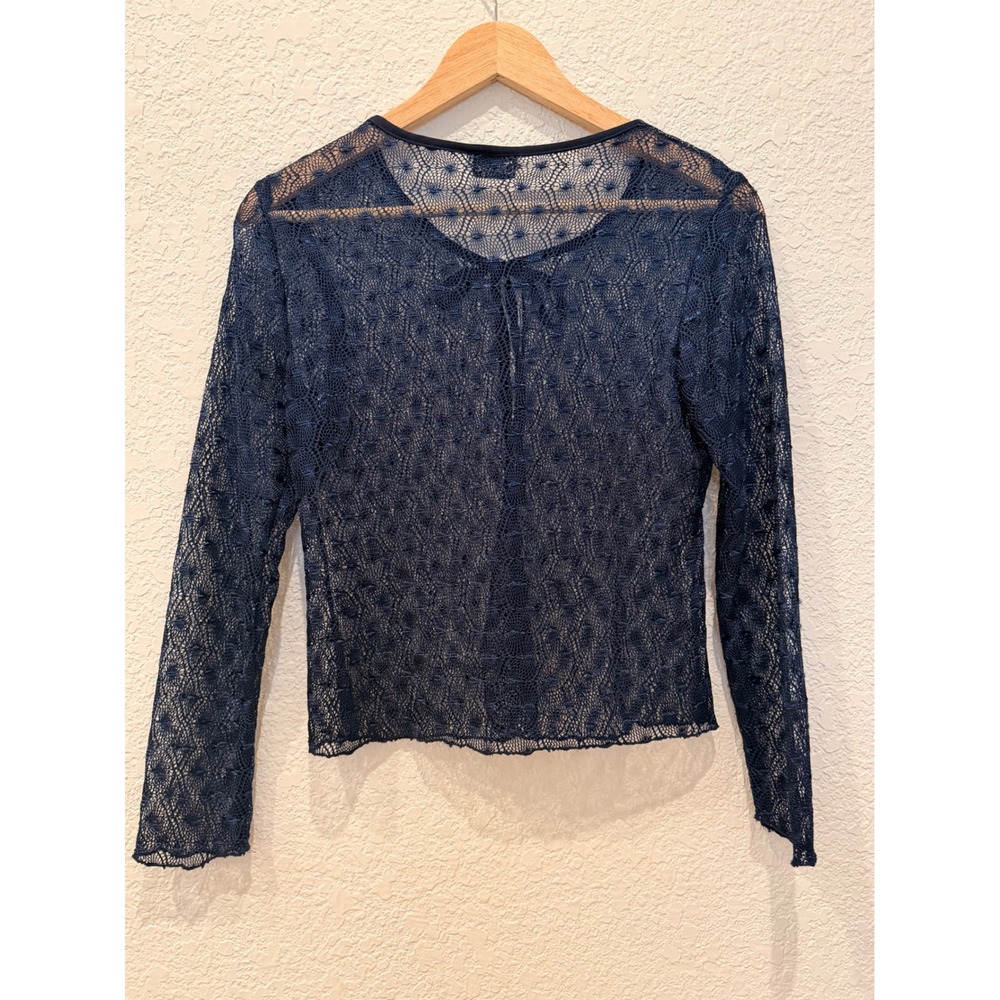 Y2K Navy Blue Lace Tie Front Cardigan Sheer Knit Shrug Top Womens Academia S‎ - Picture 7 of 10